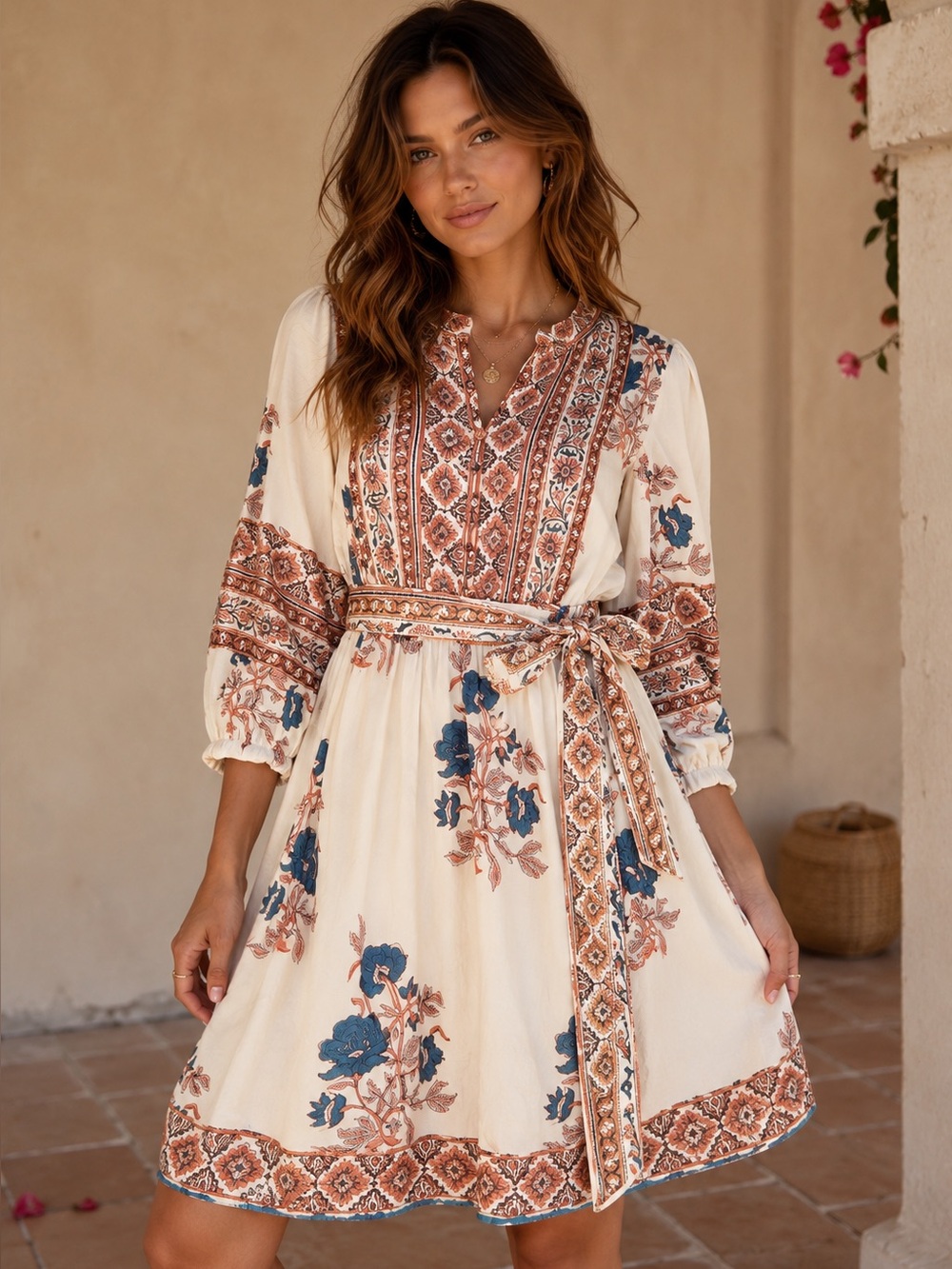 Haute Hippie Boho Block Print Midi Dress Floral Pattern Belted XS Light fabric